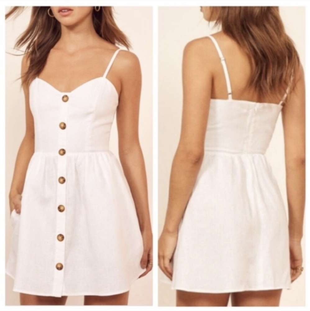 Reformation White Linen Mini Dress Velma Pockets Size 4